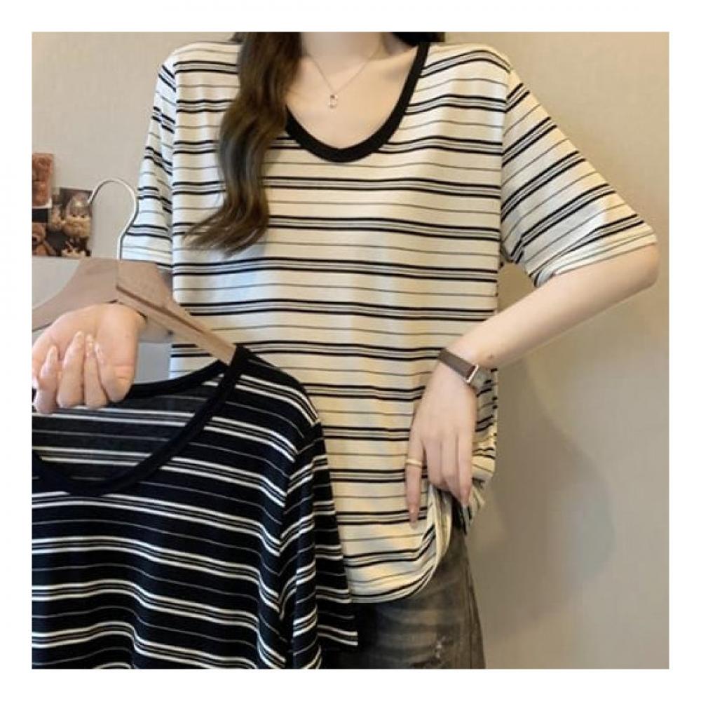 NaVaVa NT1833 Casual STripe Loose FiT V Neck T shirT