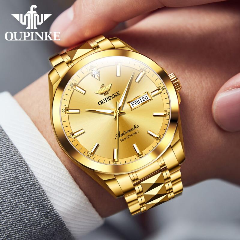 OUPINKE Мужские часы с двойным календарем, автоматические механические часы, водонепроницаемые высококачественные часы с бриллиантами