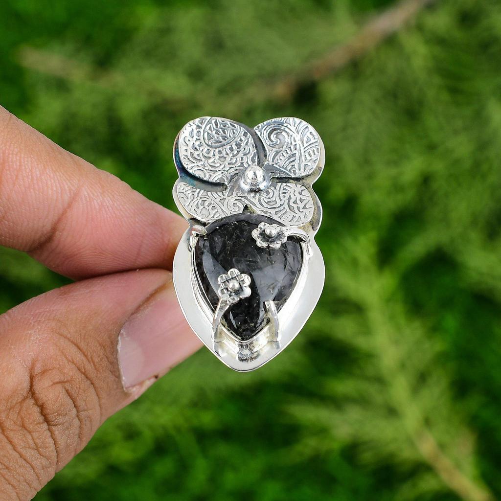 925 Sterling Silver Black Rutilated Quartz Stone Promise New Flower Ring Jewelry