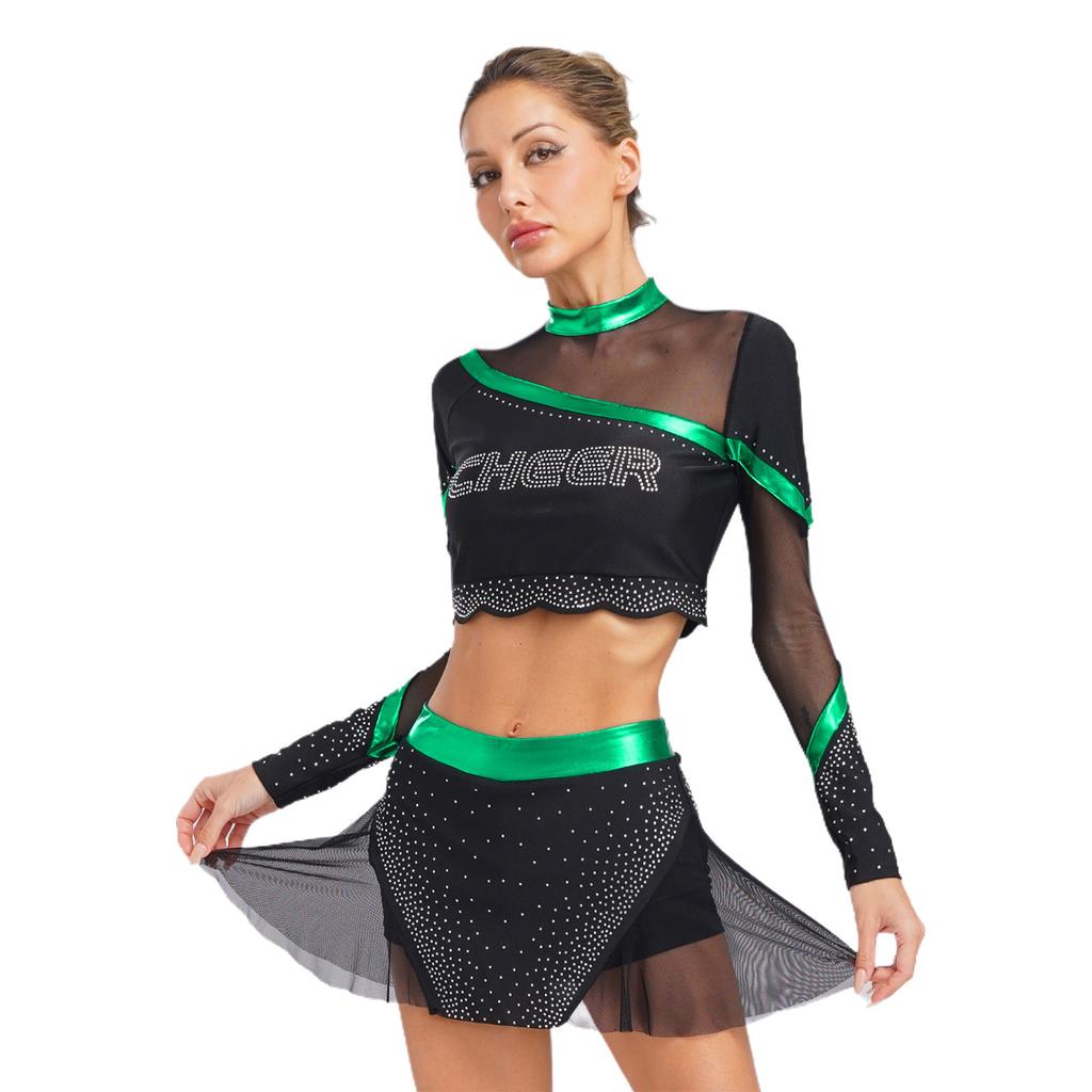Womens Cheerleading Costume Set Long Sleeve Rhinestone Crop Top Matching Dance Skirt Performance Outfit