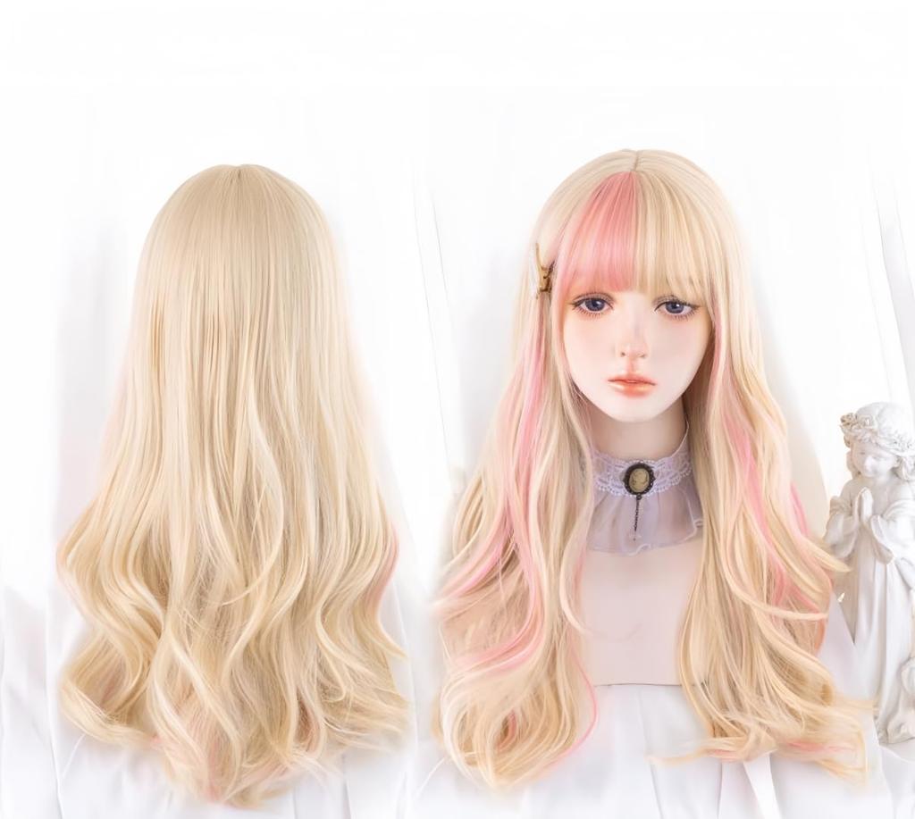 RyuuCos Lolita Wig Long Hair Curly Bangs Gold Pink Wig Cosplay Milk Gold Pink Highlights Natural Harajuku Cosplay Heat Resistant Disguise Costume Gift