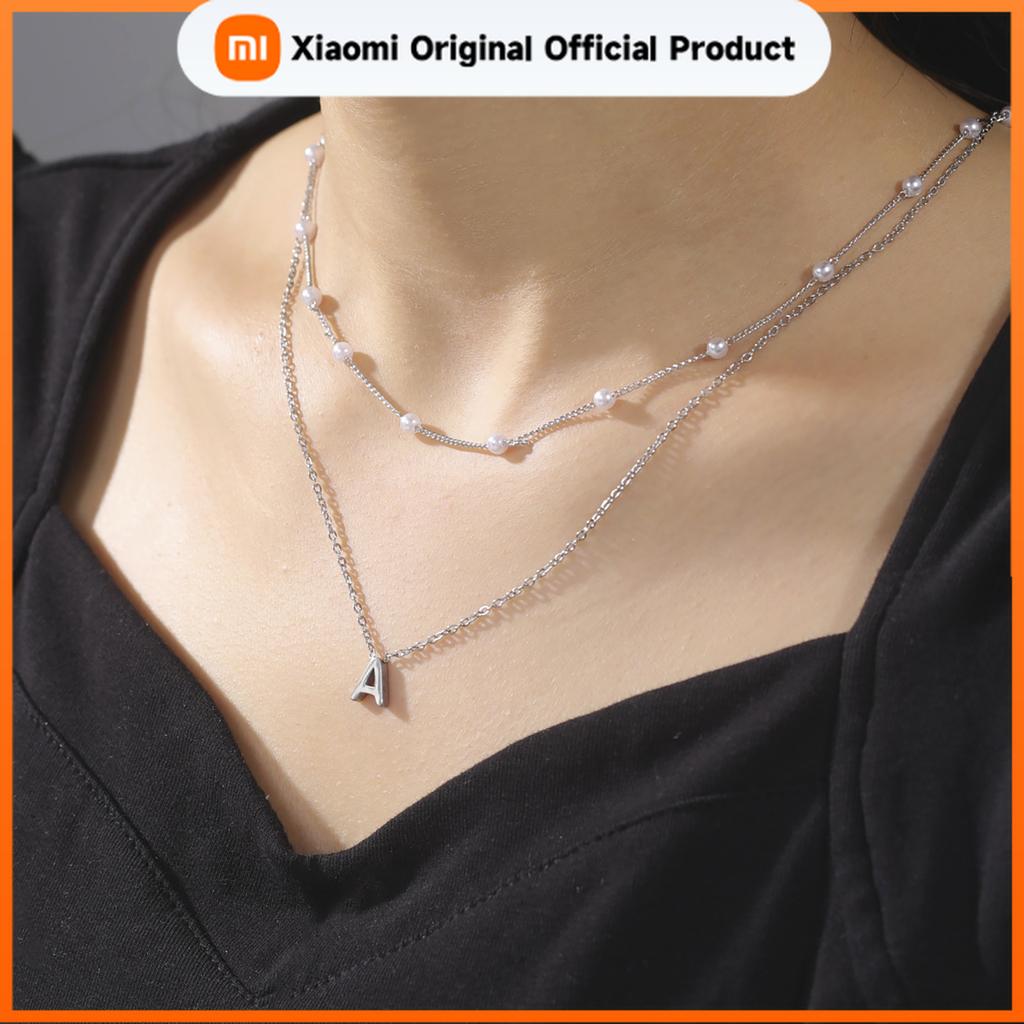 Xiaomi Skyrim Stainless Steel Initial Letter Necklace Women A-Z Alphabet Imitation Pearl Double Layer Neck Chain Aesthetic Jewelry Gift