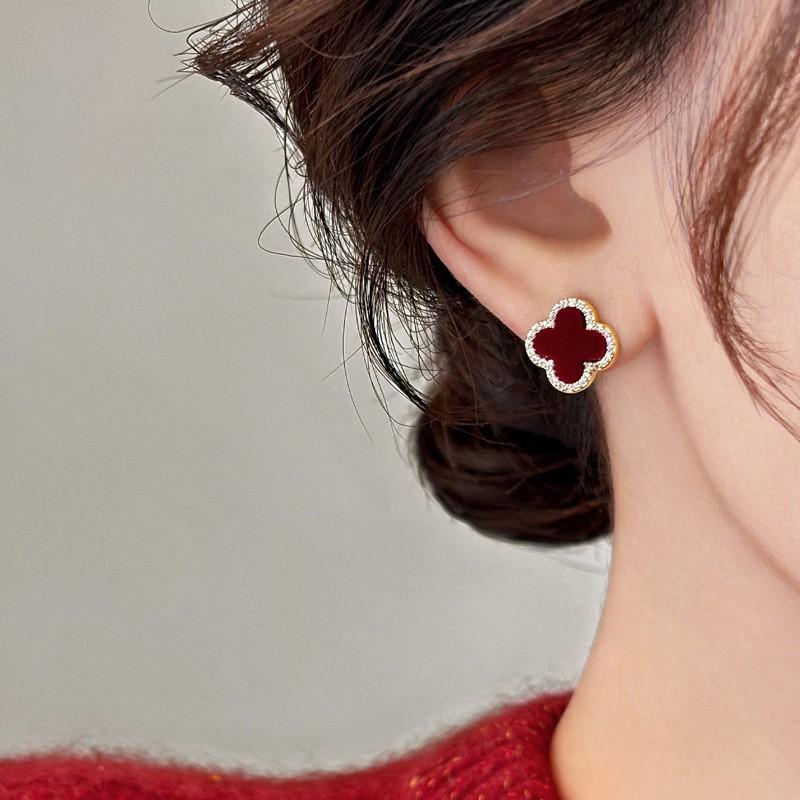 Fine Inlaid Clover Earrings Light Luxury Style Ear Jewelry Women Men Pierced Non-Pierced