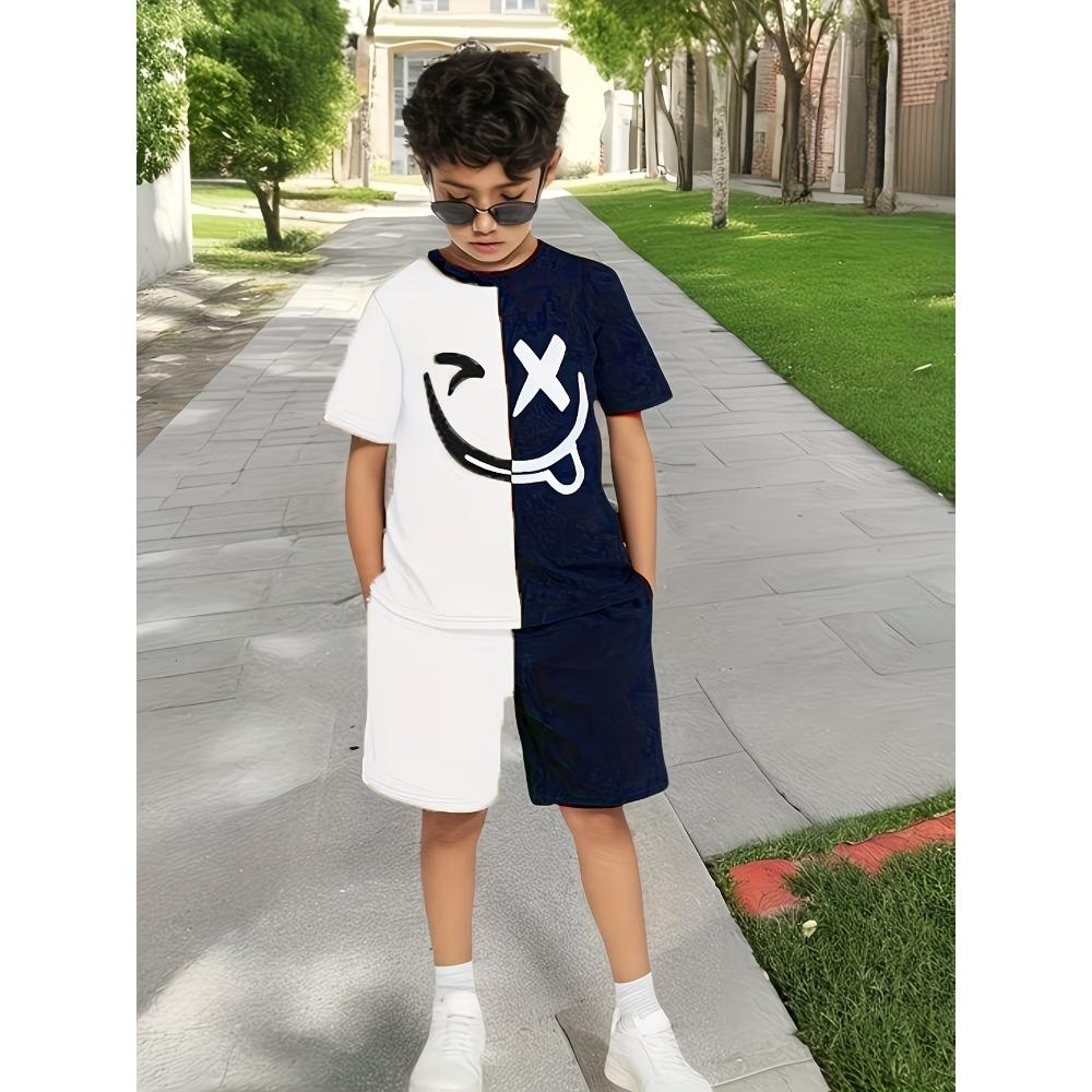 Летний комплект для мальчика из 2 предметов - Принт 'Смайлик', Повседневный Спортивный Уличный Стиль для Детей