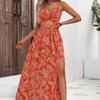 New Border Hollow Out Ruched Halter Print Dress Elegant Romantic Style