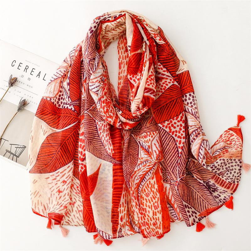 Four Seasons Clothing Accessories Cotton And Hemp Texture Scarf Orange Red Leaf Flower Silk Scarf Travel Sunscreen Shawl
