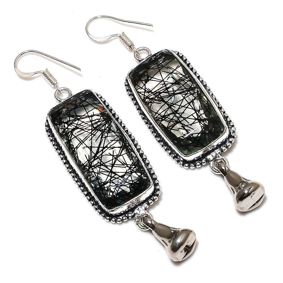 Черный рутил драгоценный камень 925 стерлинговое серебро подарок ювелирное изделие серьга 2,68"