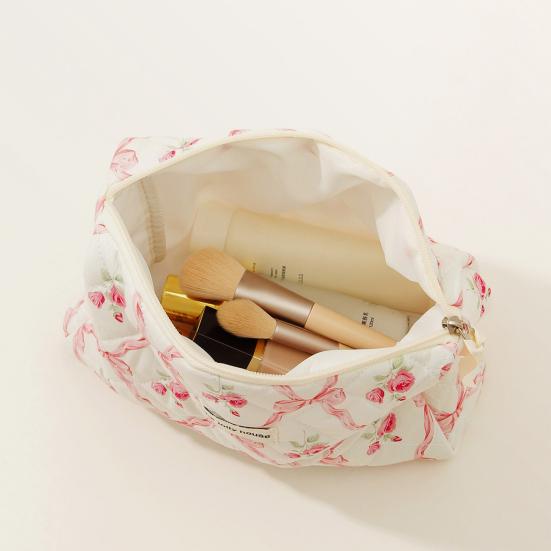 Сумка большой емкости на молнии с принтом розы и бантом, хлопковая стеганая портативная легкая губная помада, коричневый карандаш, кисточка для макияжа