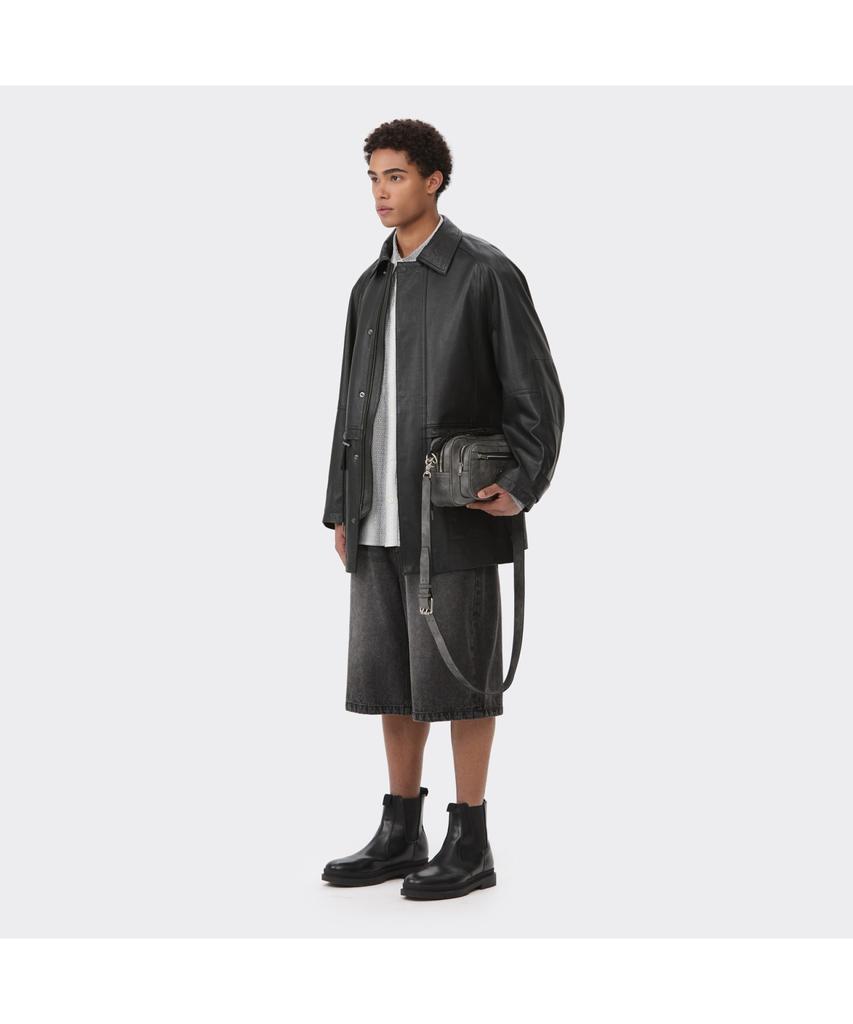 Customellow Black Leather Long Coat Cwuds26112Bkx