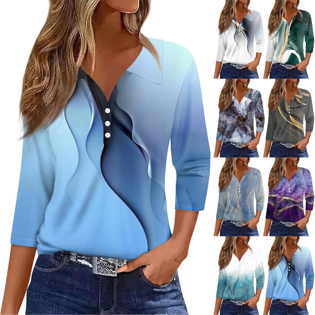 Women's 3/4 Sleeve T Shirts V Neck Button Summer Tops Business Casual Basic Tees Blouse