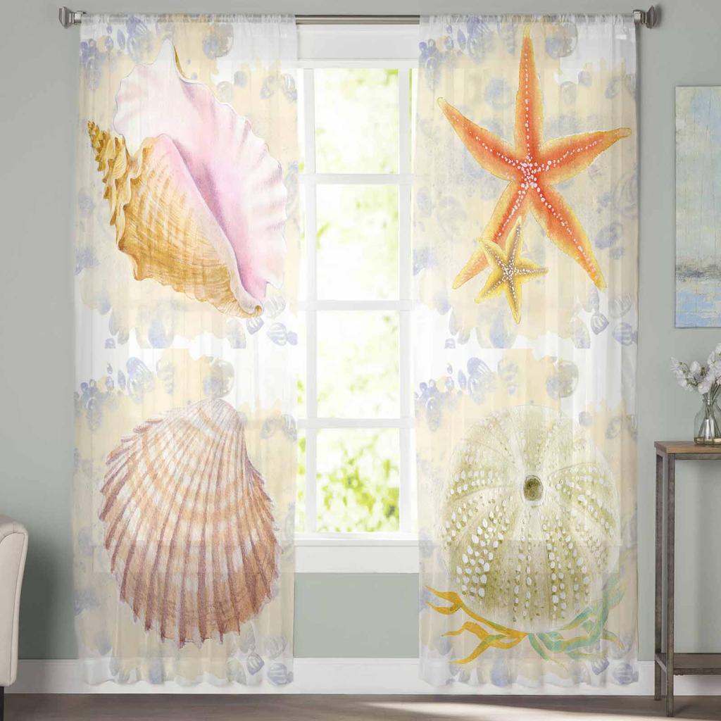 Retro Watercolor Sea Urchin Shell Starfish Ocean Sheer Curtains Modern Gauze Curtain for Living Room Bedroom Voile Yarn Curtains
