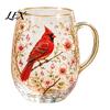 Unique Painted Glass Mug Morning Tea Cup, Hummingbird Flower Pattern Tumbler with Gold Rim, Nature Elegant Edge Cup Themed Glassware for Coffee Juice