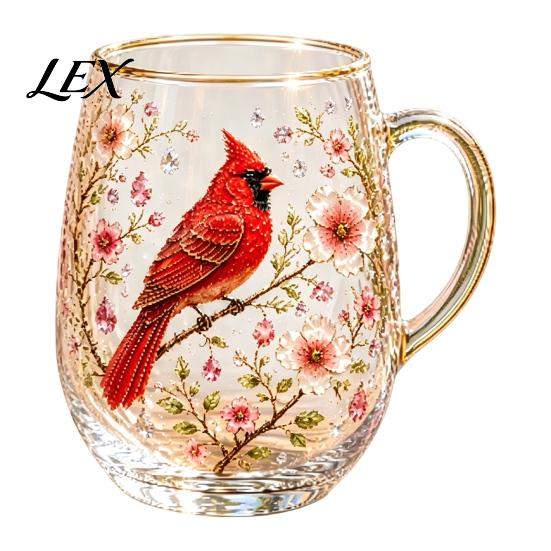 Unique Painted Glass Mug Morning Tea Cup, Hummingbird Flower Pattern Tumbler with Gold Rim, Nature Elegant Edge Cup Themed Glassware for Coffee Juice