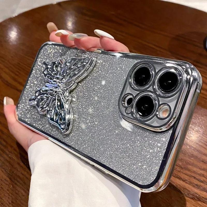 3D Держатель для телефона в виде бабочки, Хрустальный браслет, Блестящий чехол с гальваническим покрытием для iphone 15 14 13 12 mini 11 Pro XS Max XR 8 7 Plus, Чехол