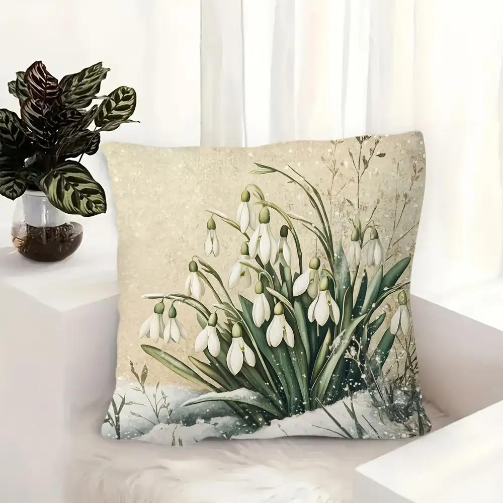 Snowdrop Pillow Cover Vintage Botanical Print Cushion Case Rustic Farmhouse Spring Decor Gift