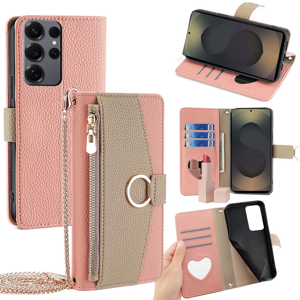 For Samsung Galaxy S25 Ultra Case Mirror Wallet Leather Phone Cover with Chain Shoulder Strap