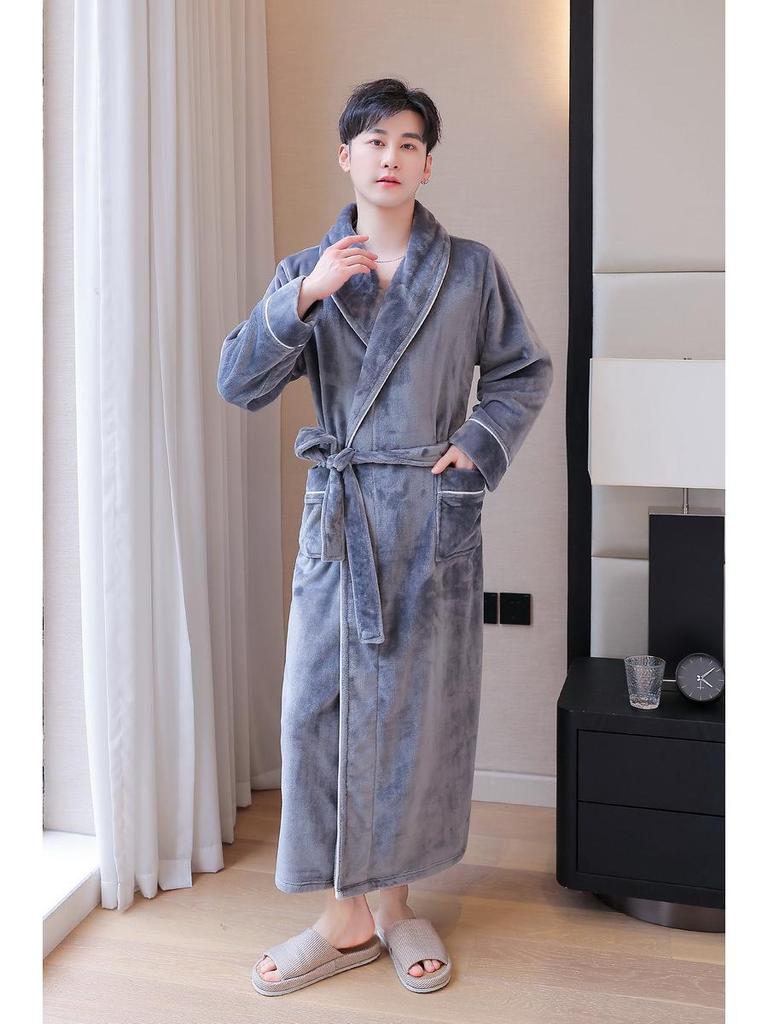 Комплект коралловых флисовых пижам для пары: Женский и мужской длинный, толстый, теплый халат для осени и зимы