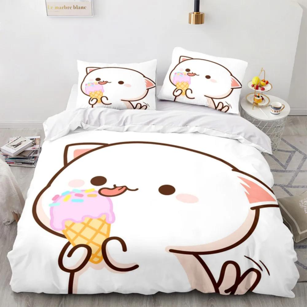 Комплект постельного белья с милым персиковым котом для мальчиков и девочек, размер Twin Queen Size, пододеяльник, наволочка, кровать, модный домашний текстиль для взрослых, домашний текстиль