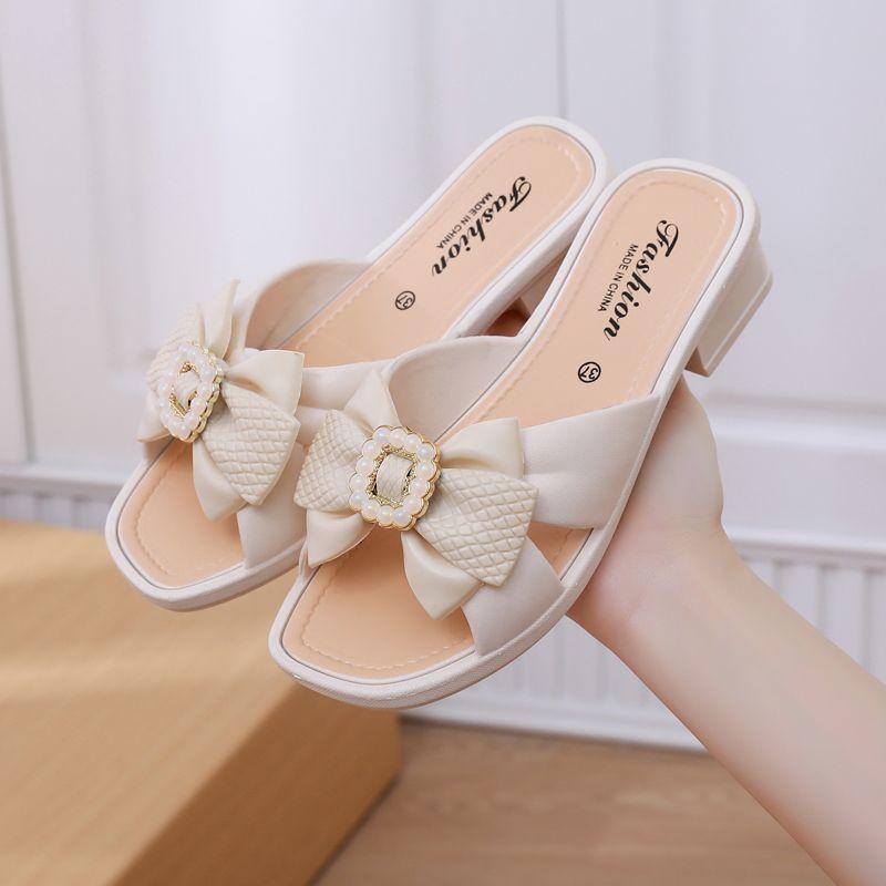 Sandals Slippers for Women Summer Fashion Thick Sole Non-Slip Bow Ladies Slippers Mid Heel Slides Outdoor