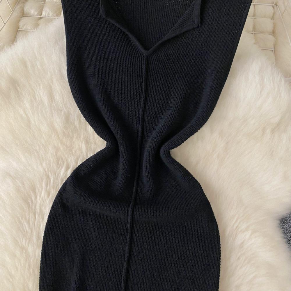 Foamlina Pure Color Knitting Dress для женщин Элегантный V-образный вырез без рукавов Летняя мода Тонкий вырез вечернее длинное платье
