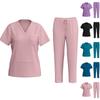 Women's Uniforms Quick Dry Fabrics V-Neck With Pockets Short Sleeves Long Pants Solid Color Workwear Suit