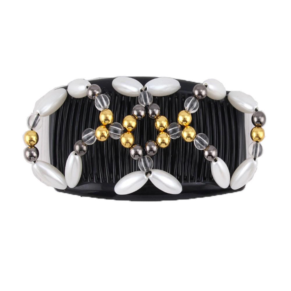 Большой ручной эластичный гребень для волос с бусинами и цветочным украшением - Универсальный двухрядный вкладыш для укладки и создания пучков