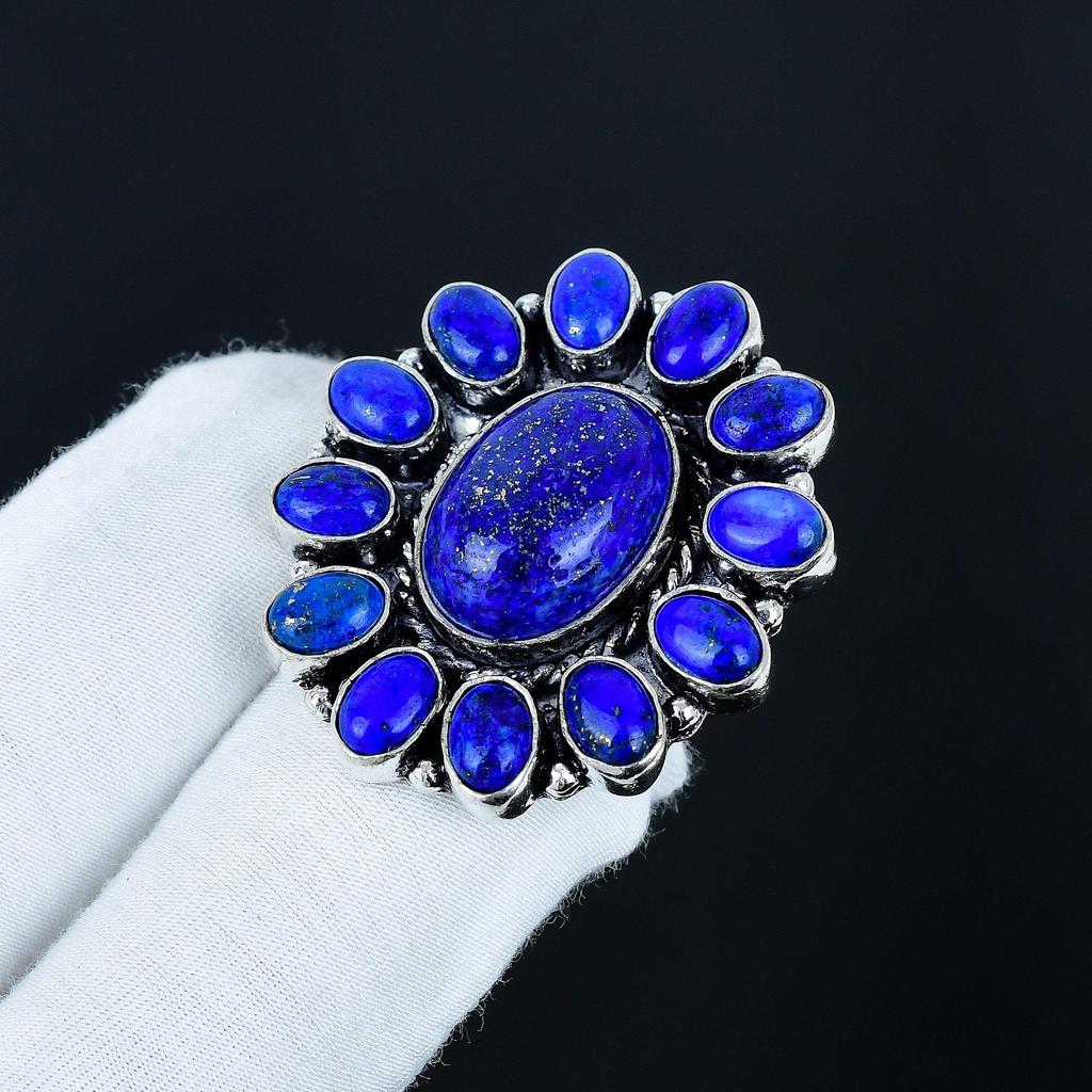 Кольцо с натуральным лазуритом, кольцо из стерлингового серебра 925 пробы, подарок для нее, овальный камень, элегантное кольцо ручной работы, серебряное кольцо с лазуритом в виде цветка, подарок