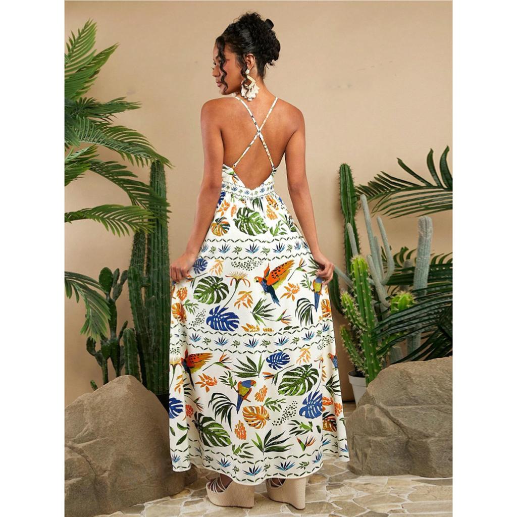 Women's Boho Floral Beach Sundress Sleeveless Summer  Maxi Dress Spaghetti Straps Casual Smocked Flowy A-Line Dress Party Long Dresses for Women