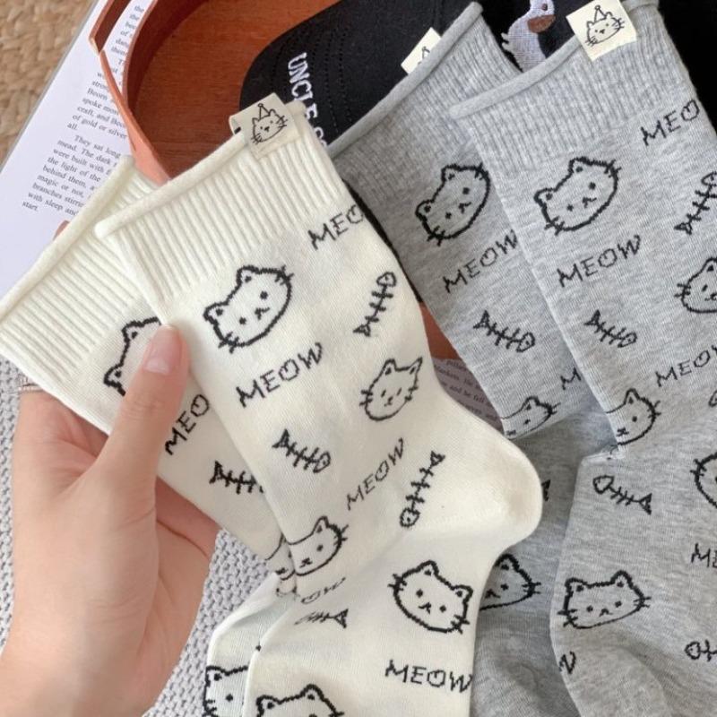 Trendy Socks with English Letters, Cartoon Cuteness, Cats, Fabric Labels, Mid-calf Socks, College Style, and Long Socks