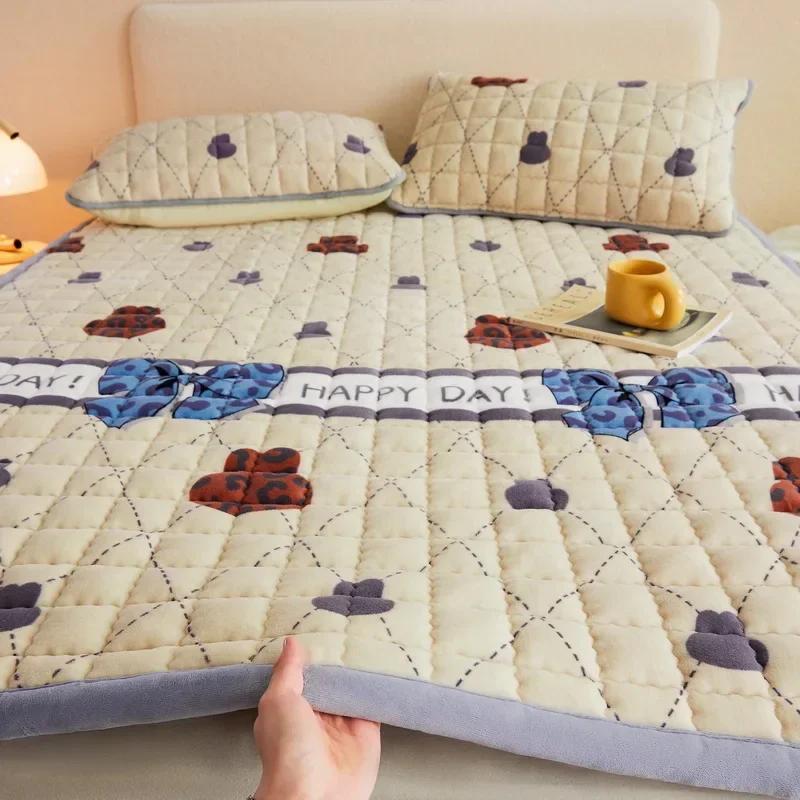 Winter Quilted Milk Velvet Thin Mattress Toppers Thickened Warm Bed Sheet Bedspread Single Double Soft Fold Tatami Floor Mat