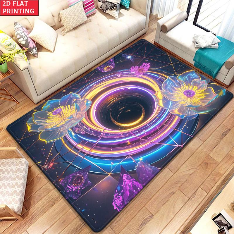 Neon Black Hole Lotus Rug, Galaxy Space Non-slip Carpet for Living Room Game Room Bedroom, Aesthetic Floral Floor Mat Home Decor