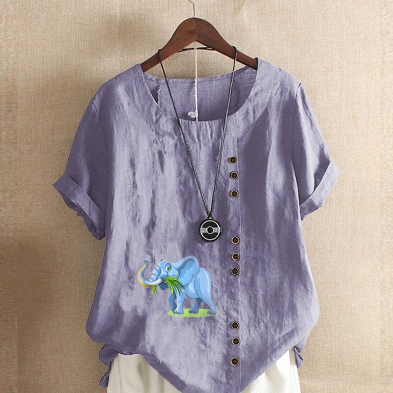 Women's Fashion Round Neck Short Sleeve T-shirt Casual Cotton Linen Graphic Shirt Leisure Loose Elephant Prined Summer Blouse Tops