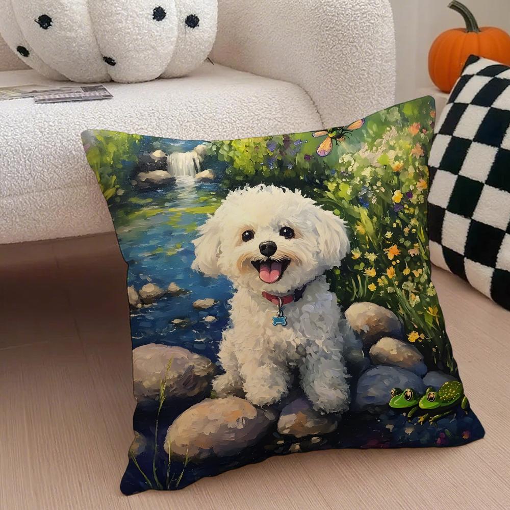 Cute Bichon Frise Pet Cushion Cover Throw Pillow Cover Hidden Button Durable Polyester Chair Cushion