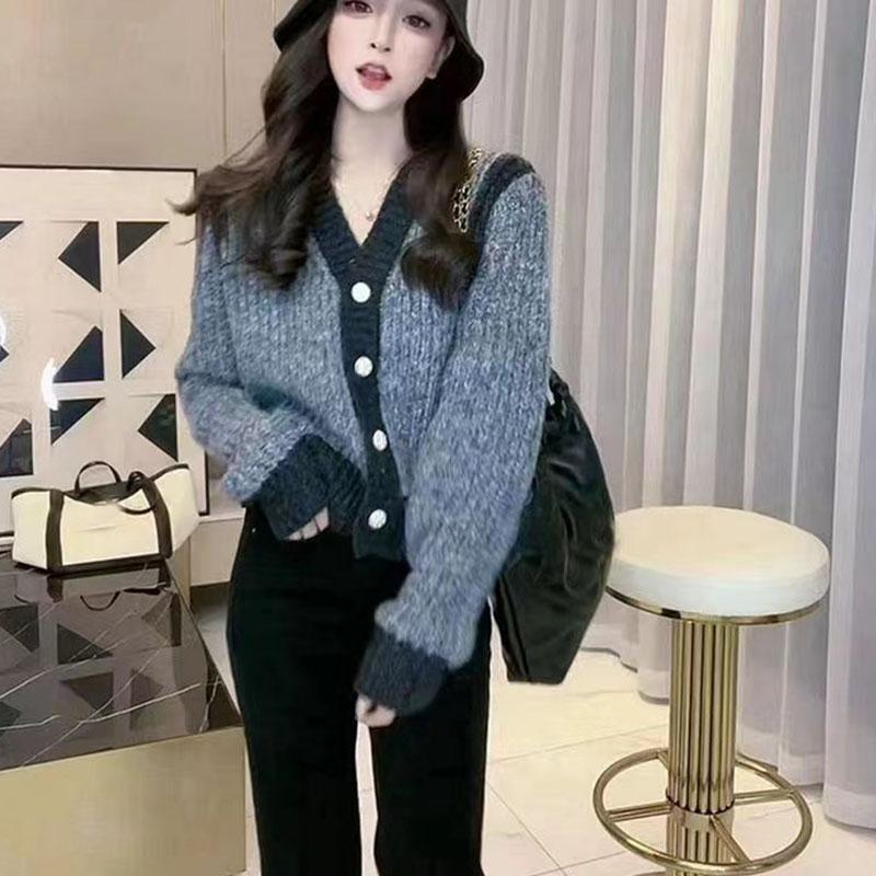 Корейский кардиган Heavy Industry, контрастный цветной дизайн, короткий вязаный свитер для женщин 2023 года, свободный уникальный кардиган, пальто, женские топы