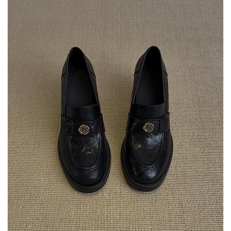 ~~ Camellia loafers women's thick heel high heel round head one pedal small leather shoes single shoes women