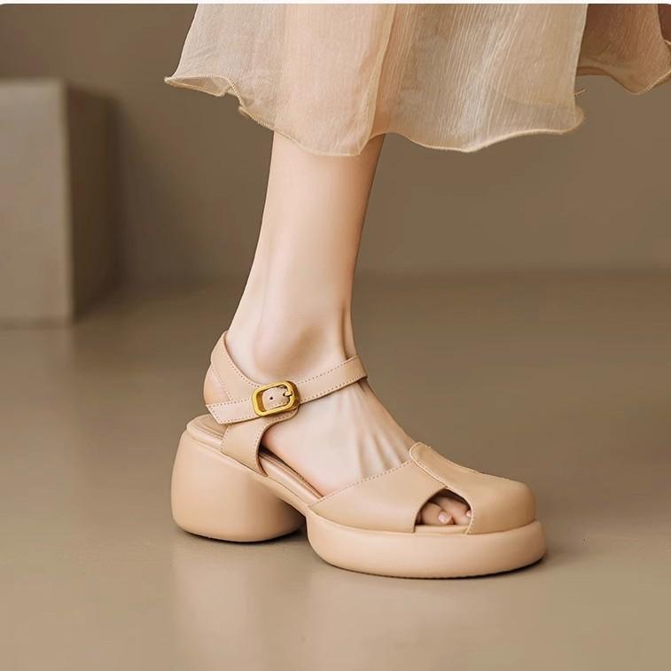Not Tired of Stepping On Shit, Feet Soft Leather Bag Head Sandals Women's 2025 New Summer Platform Women's Shoes Thick Heel High Heels