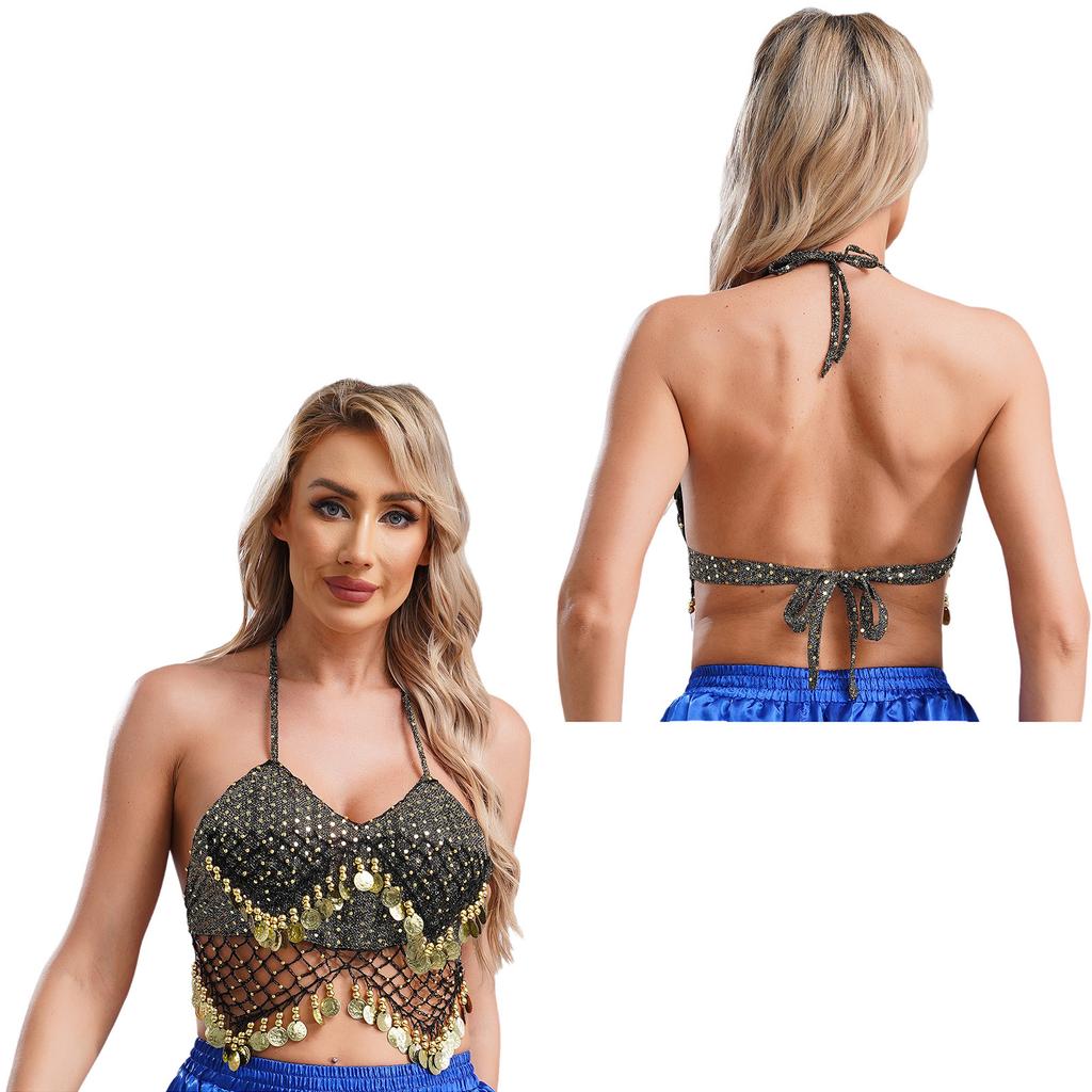 Женский бюстгальтер-топ для танца живота с бретельками через шею, сетка из пайеток, пластиковые бусины, четкие кисточки, шнуровка, укороченный топ для танцев, костюм для выступлений