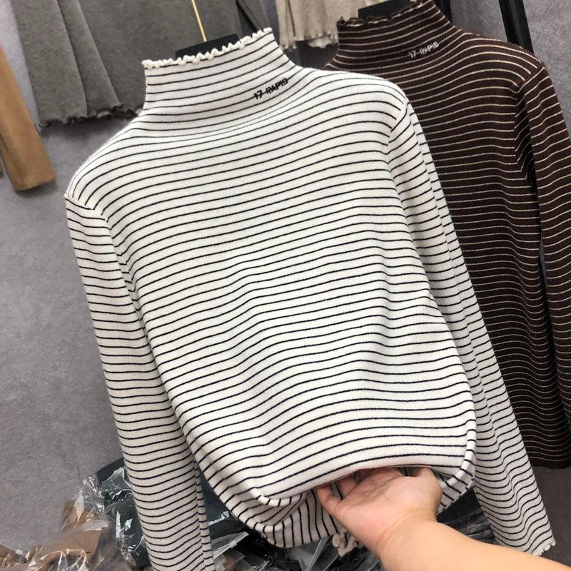 Women's Velvet Half-turtleneck, Striped Long-sleeved Undershirt, Autumn and Winter, Fungus Edge, Wear Outside