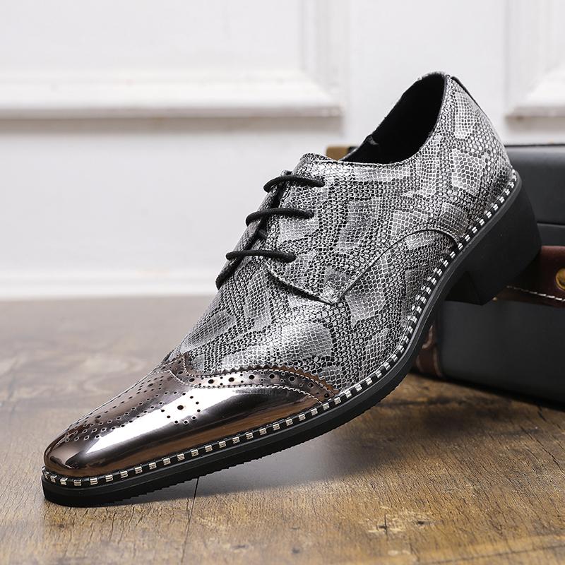 Designer Mens Shoes Gold Silver Snakeskin Patent Leather Shoes Fashion Casual Business Shoe Lace Up Brogues Shoes Zapatos Hombre