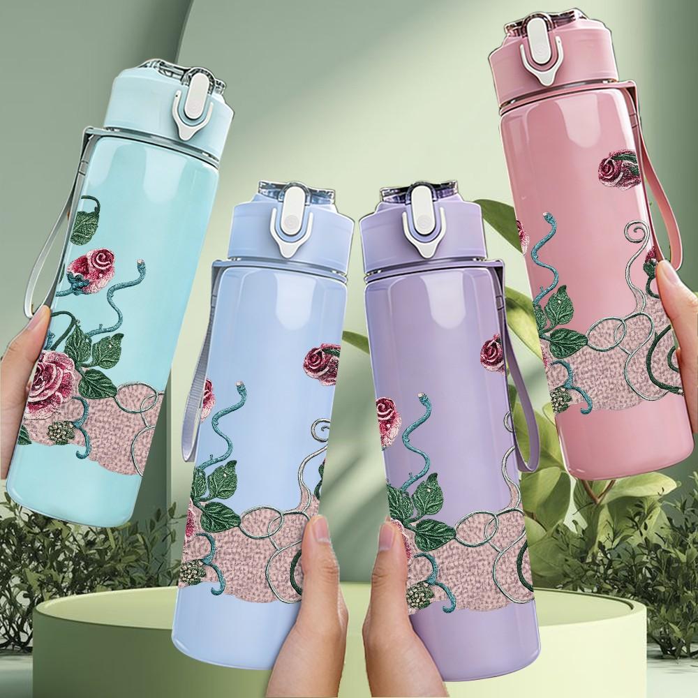 1PC Rose Peony Mixed Floral Vine Print 750ml Color Plastic Sports Water Bottle Leakproof Flip Straw Lid Suitable for Sports Office Home Use