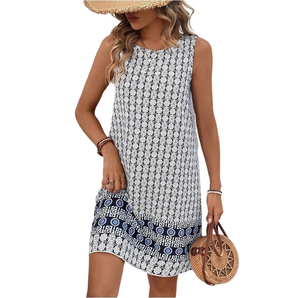 Women's Summer Retro Round Neck Sleeveless Loose Printed Vest Dress