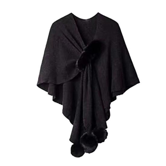 Women Cloak Shawl V-neck Solid Color Plush Ball Decor Cross Design Warm Versatile Knitting Shawl Daily Commuting Wear