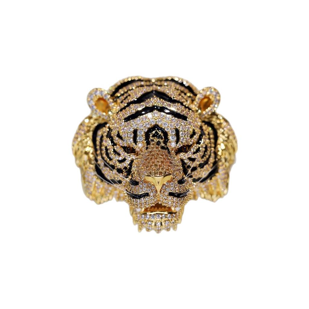 Luxury Gold Plated Copper Tiger Head Brooch, Full Paved CZ Crystal Animal Pin for Men Women Suit Accessory