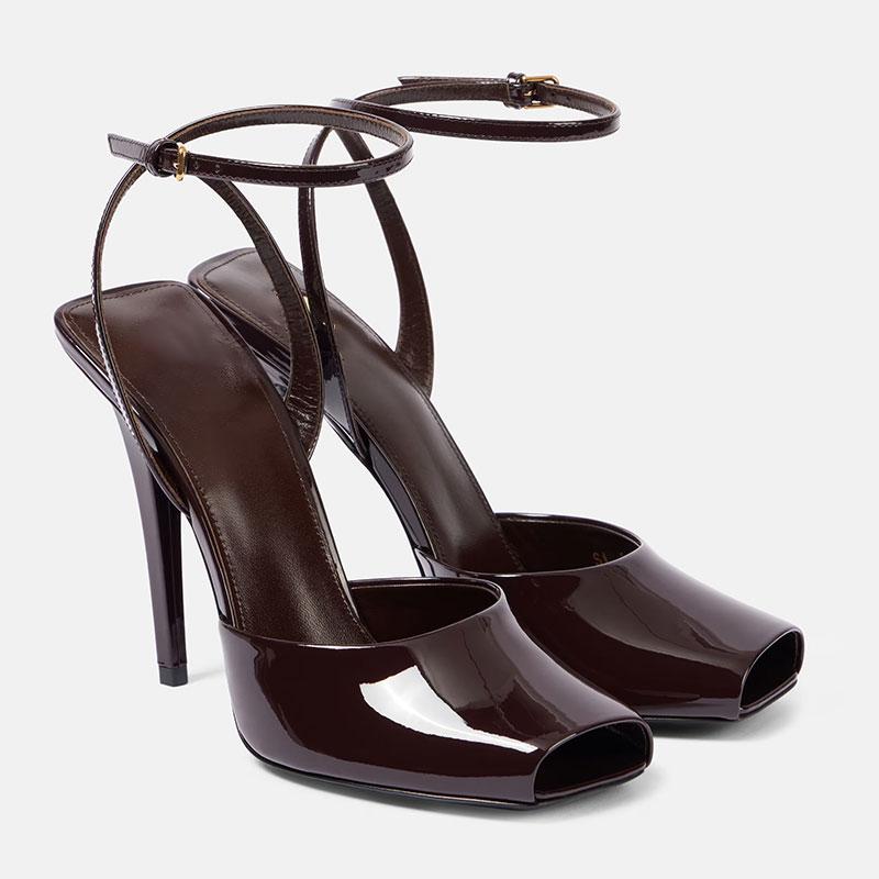 Летние женские туфли на высоком каблуке с открытым носком, сексуальные женские туфли из лакированной кожи с пряжкой на щиколотке, 10,5 см, тонкие каблуки, женские босоножки для вечеринок