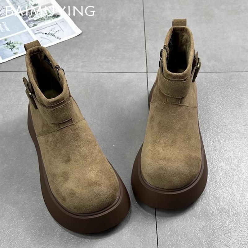 Женские зимние ботильоны на платформе, замшевые короткие, плюшевые, на среднем каблуке, хлопковые туфли 2025 года, трендовые дизайнерские повседневные теплые зимние ботинки с пряжкой
