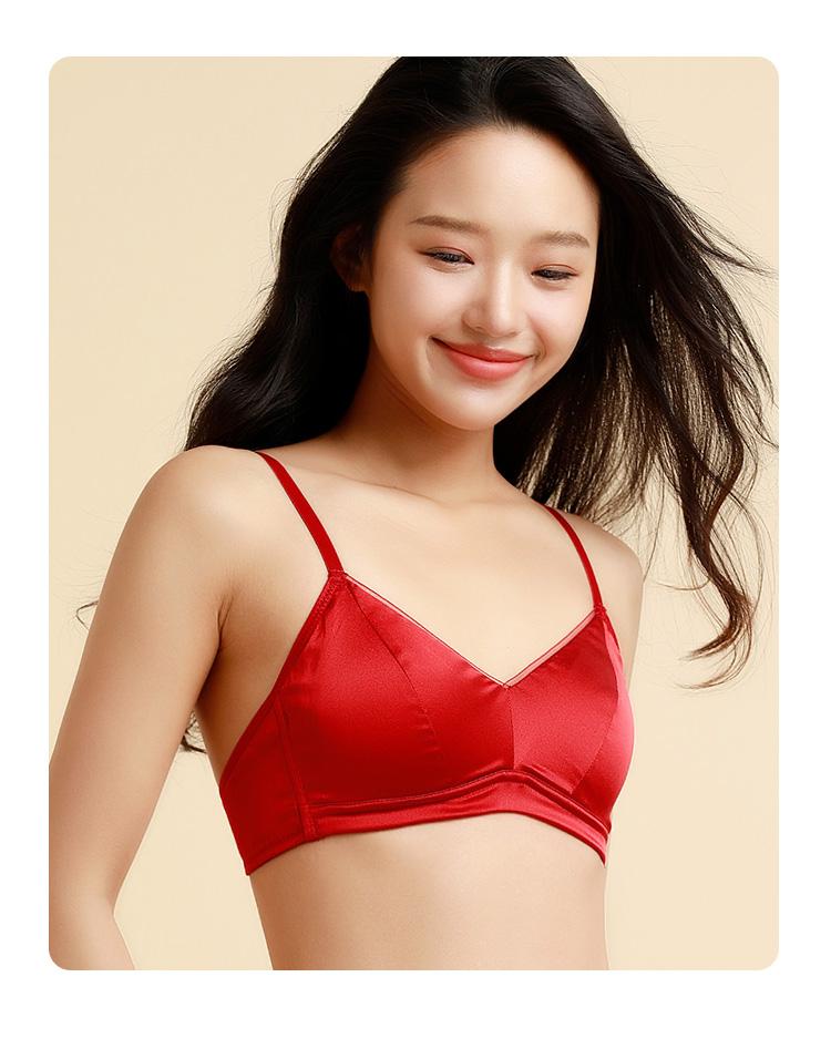 New Chinese Red Underwear Bra Comfortable, Breathable, French Sexy Women's Mulberry Silk Bun Bra for Women
