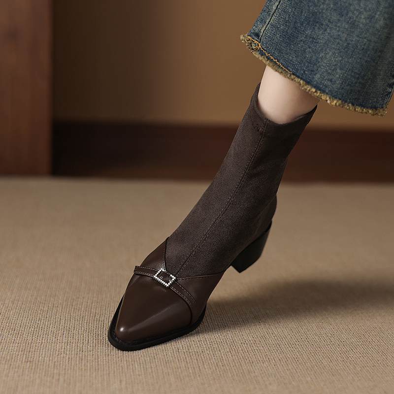 Krazing Po Микрофибра Зимние Остроносые Размер 33 Ковбойские Сапоги Размер 43 Металлическая Пряжка Толстый Каблук Эластичные Ботильоны