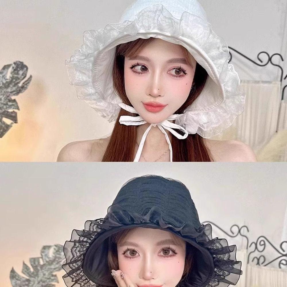 Lolita Lace Bucket Hat Summer Visor Basin Cap French Fisherman Hat Girls
