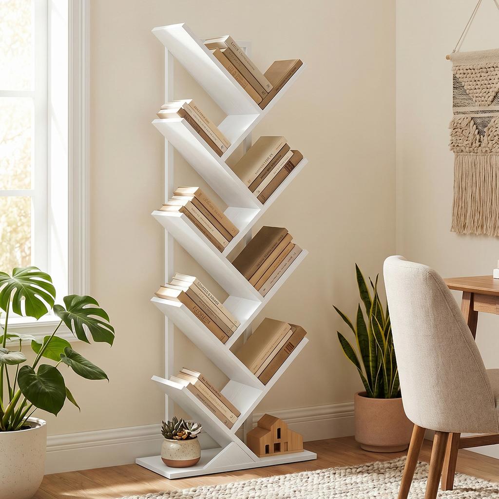 9-Tier Tree Bookshelf, Freestanding Industrial Bookcase with Steel Frame, Storage Unit for CDs, DVDs, White