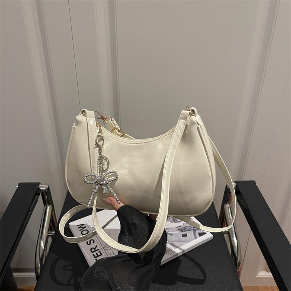 Solid Color Oil Wax Leather Crossbody Bag Elegant Underarm Bag Stylish Crescent Bag Ladies